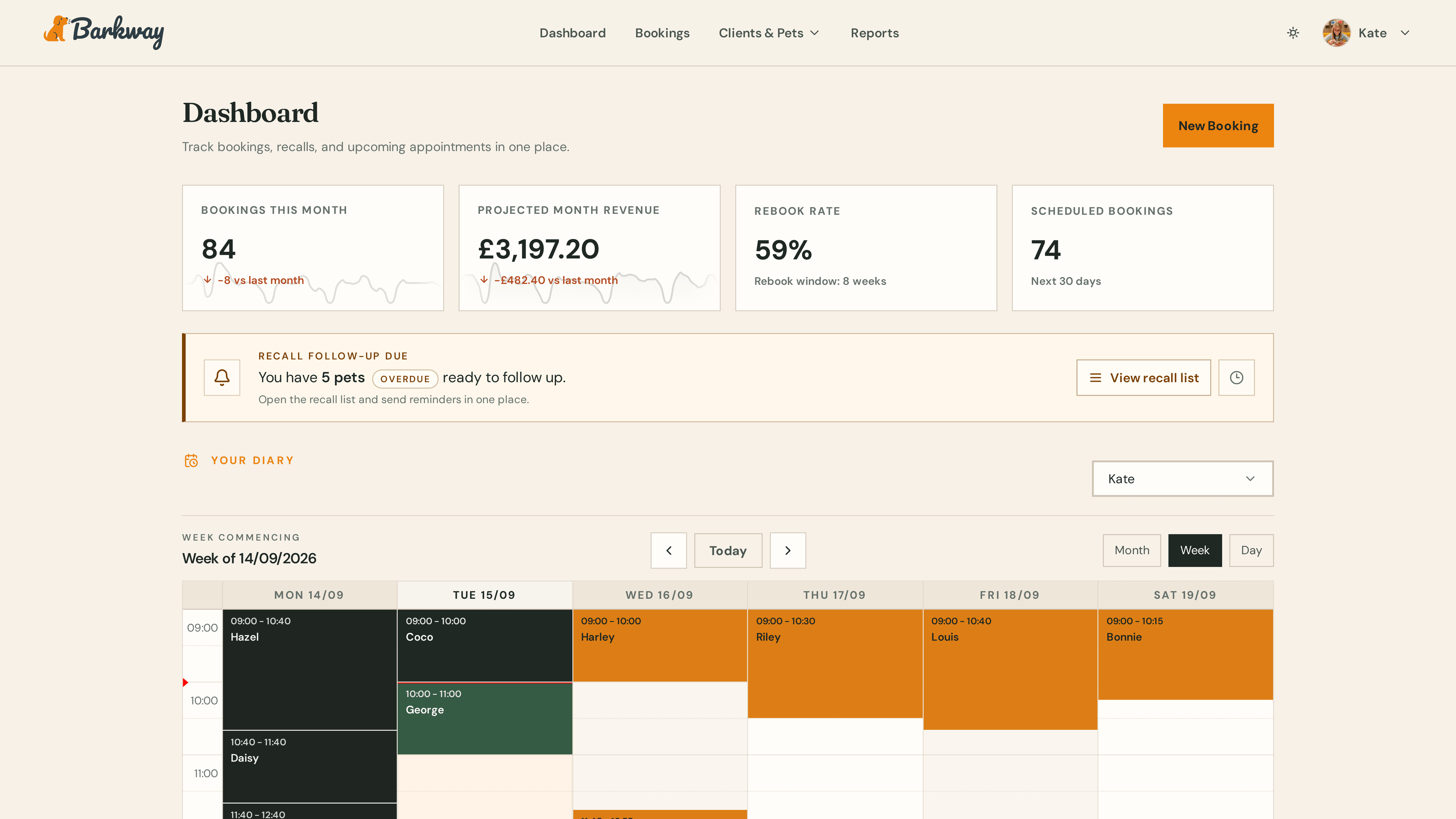 Barkway dashboard and calendar